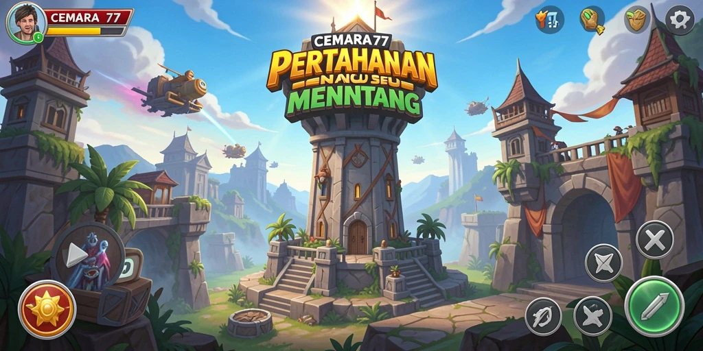 Screenshot gameplay Tower Defense CEMARA77 dengan menara dan musuh yang menarik.