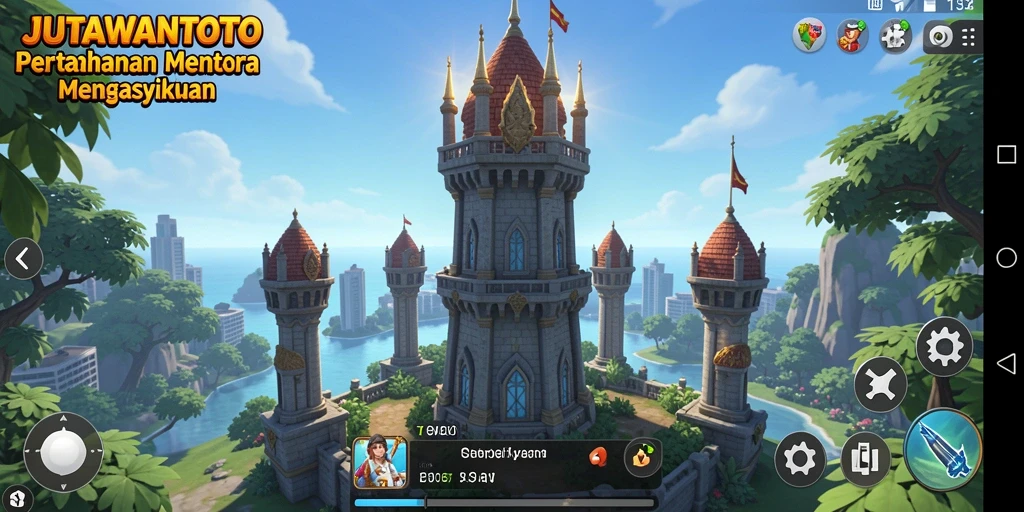 Screenshot gameplay JUTAWANTOTO menampilkan efek visual menara yang menarik.
