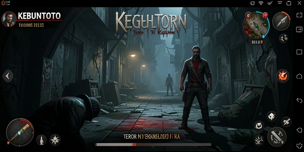 Screenshot gameplay KEBUNTOTO menampilkan suasana horor yang menegangkan.