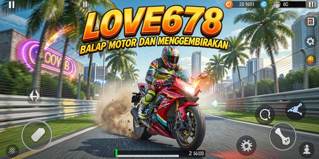 Tangkapan layar utama LOVE678 menampilkan aksi balap motor yang mendebarkan.