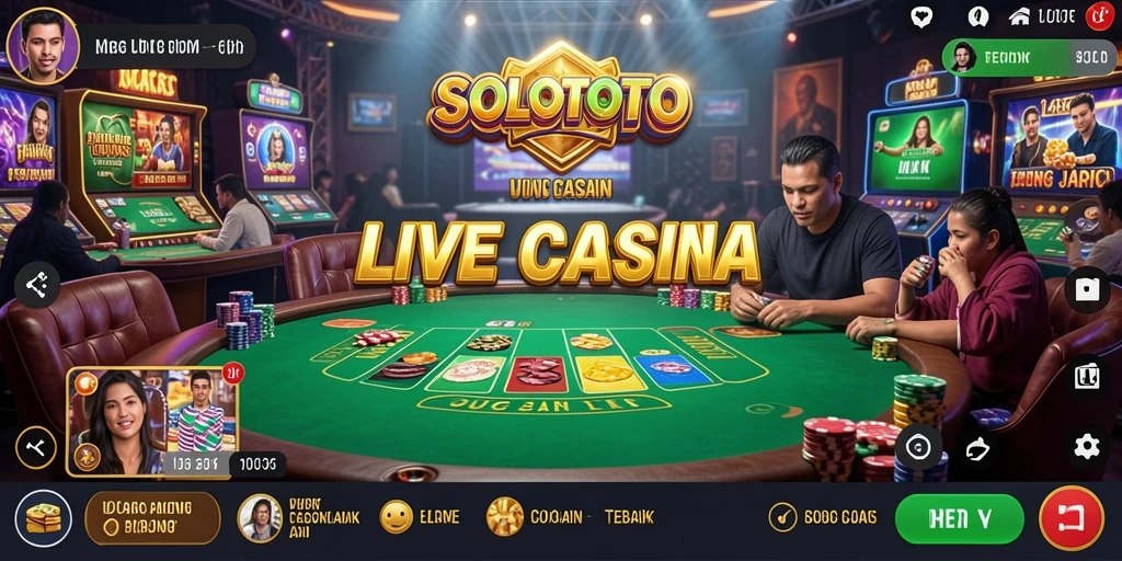 Screenshot gameplay SOLOTOTO dengan dealer langsung dan pemain aktif.