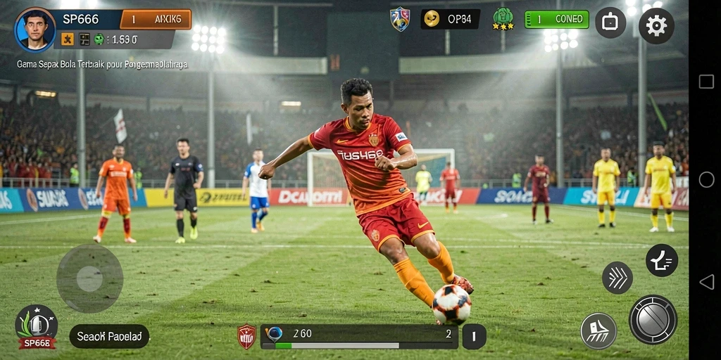 Tangkapan layar dari gameplay SP666 yang menampilkan aksi sepak bola seru.